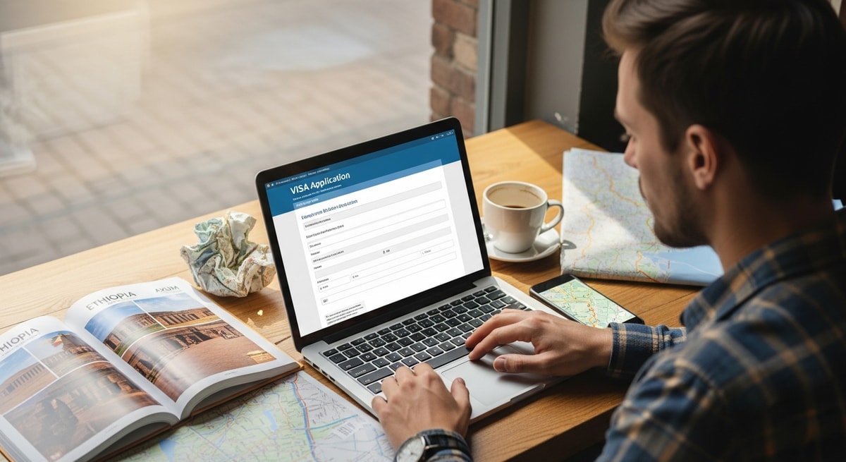 Traveler using laptop to apply for Ethiopia visa while planning trip to historic sites