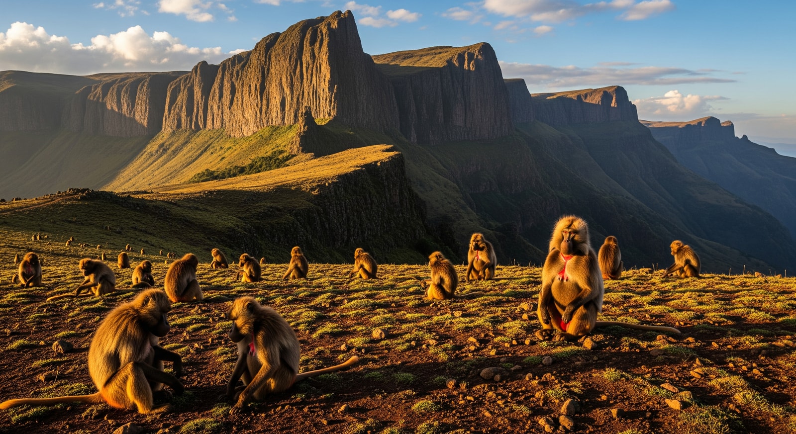 Dramatic cliff scenery of Simien Mountains with endemic Gelada baboons grazing on highland plateau