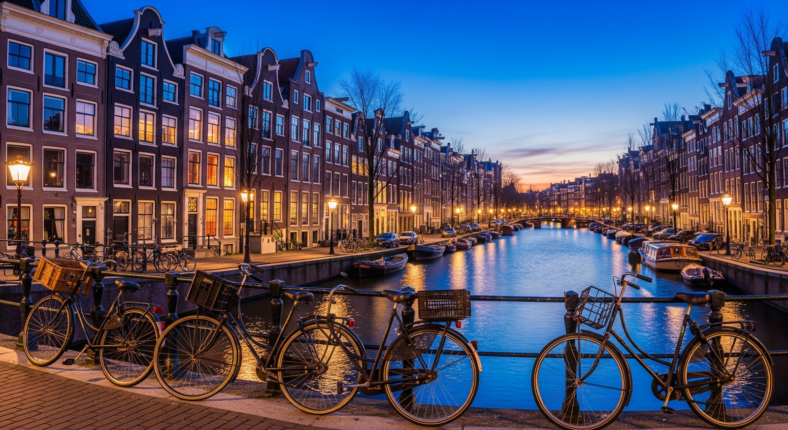 Historic canal houses and bicycles along Amsterdam's Prinsengracht canal at twilight