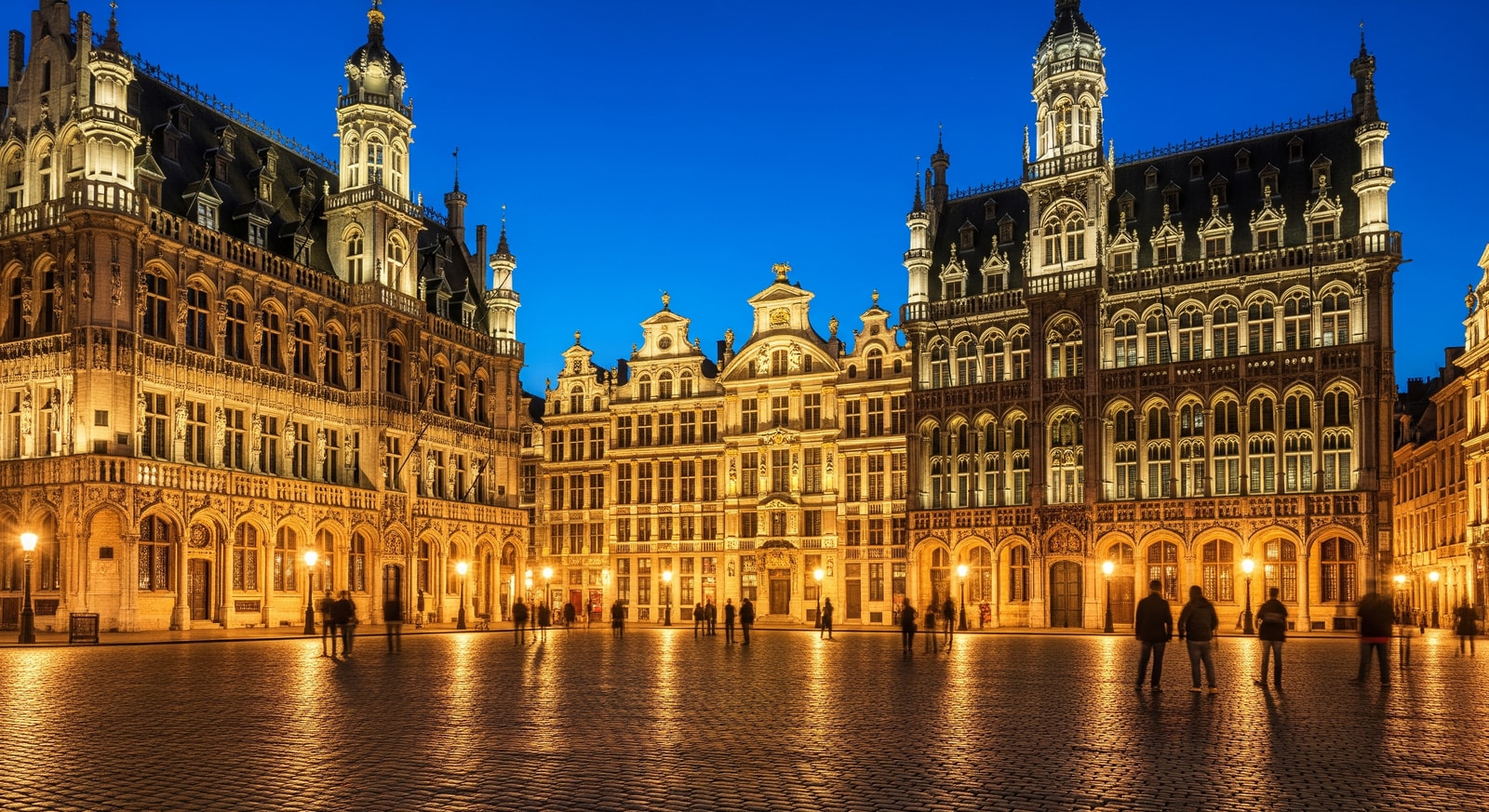 Grand Place in Brussels at night with ornate guild houses illuminated in golden light
