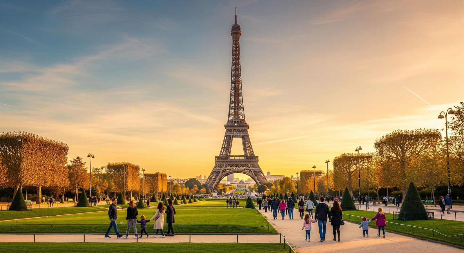 Eiffel Tower at golden hour with tourists walking along Champ de Mars gardens in Paris
