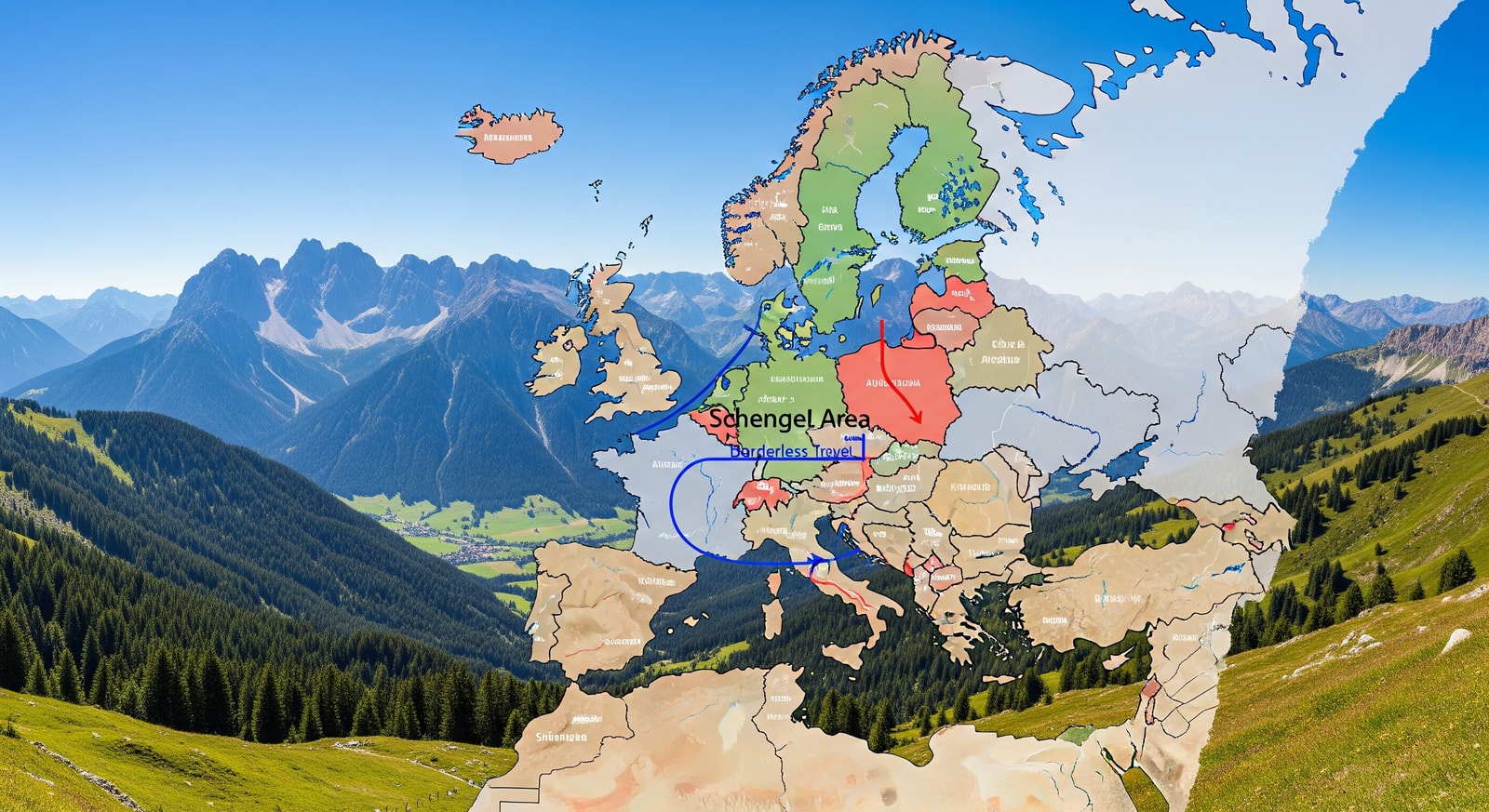 Map of the Schengen Area highlighting 27 member countries with borderless travel zone indicated