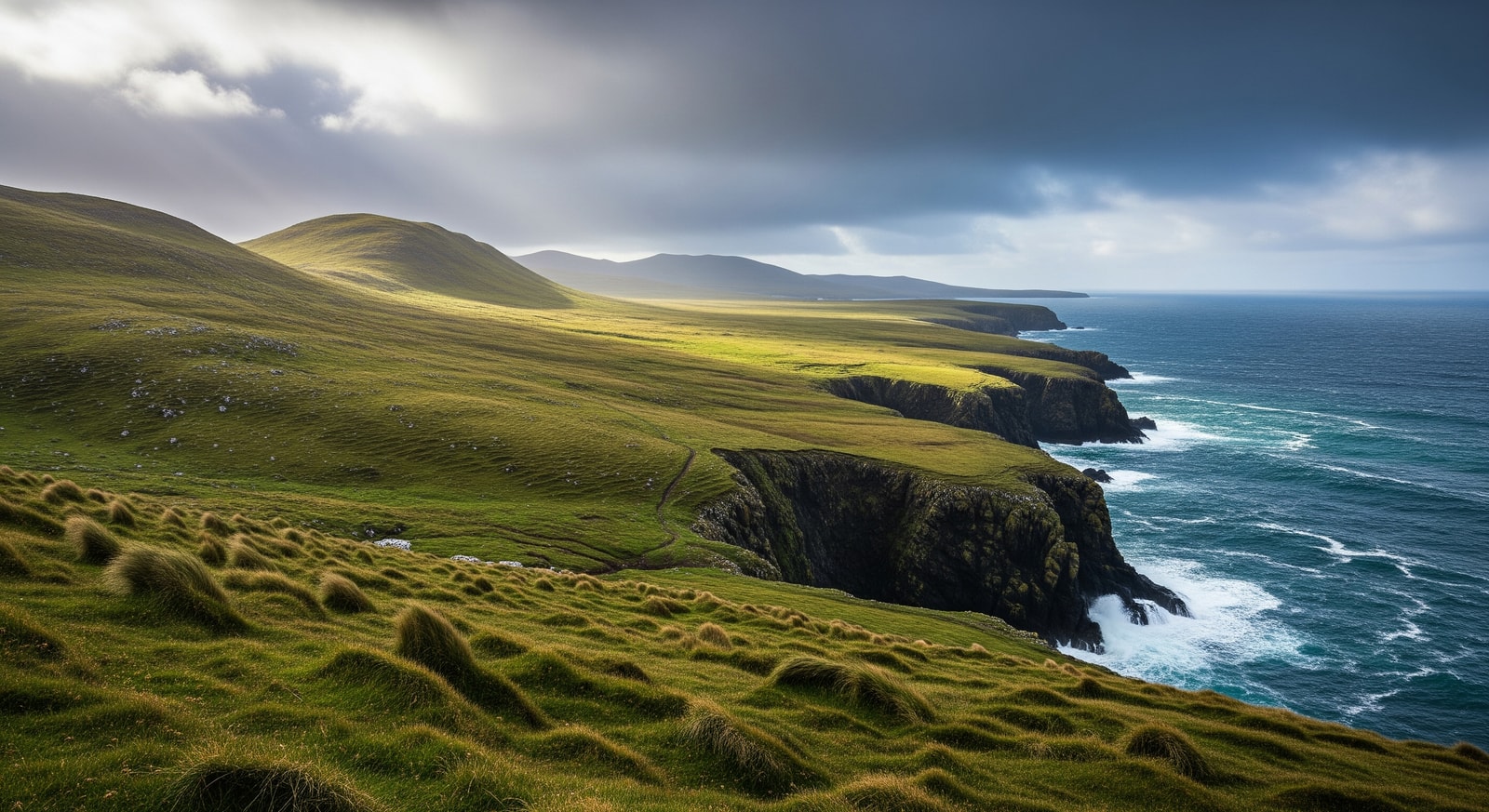 Dramatic windswept landscape of the Falkland Islands with rolling hills and coastal cliffs under moody skies