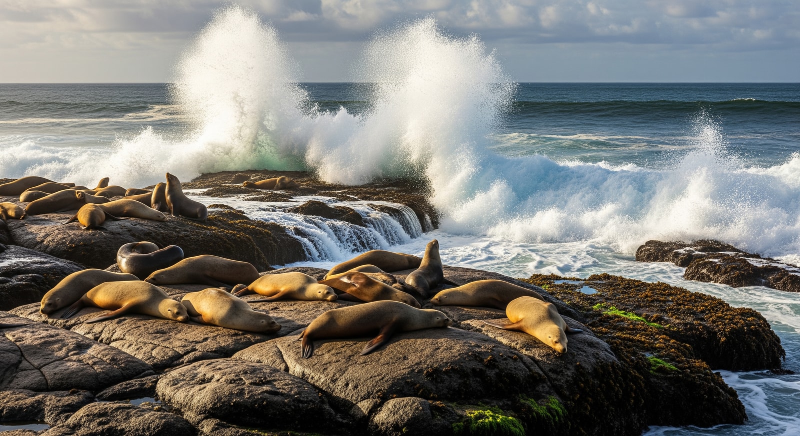 Southern sea lions resting on rocky shores with waves crashing in the background at Sea Lion Island