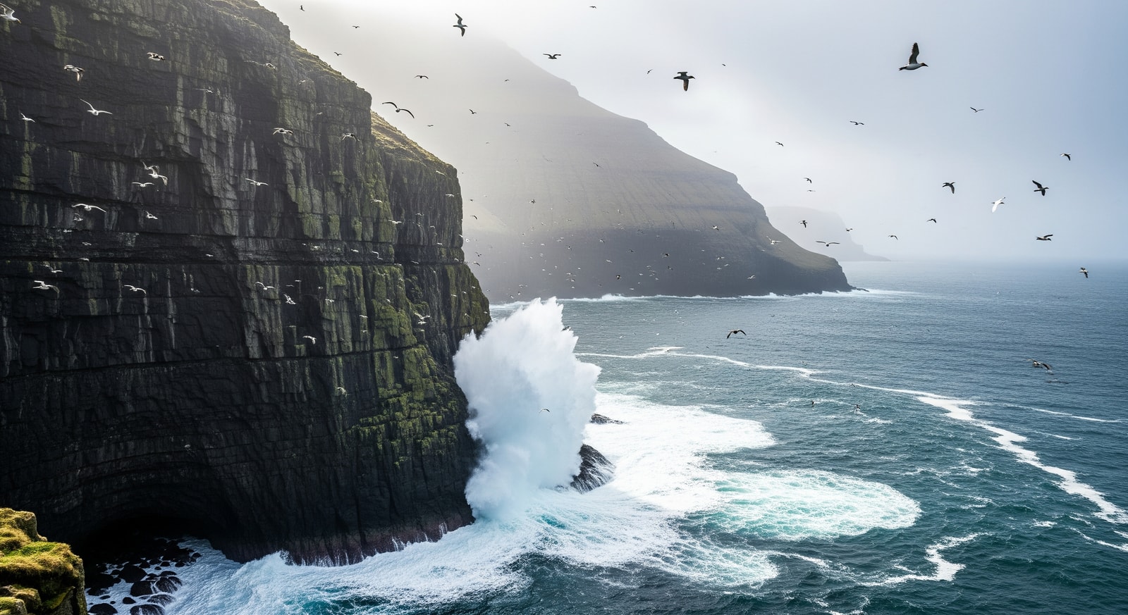 Dramatic sea cliffs of Vestmanna with crashing waves and seabirds flying against misty backdrop