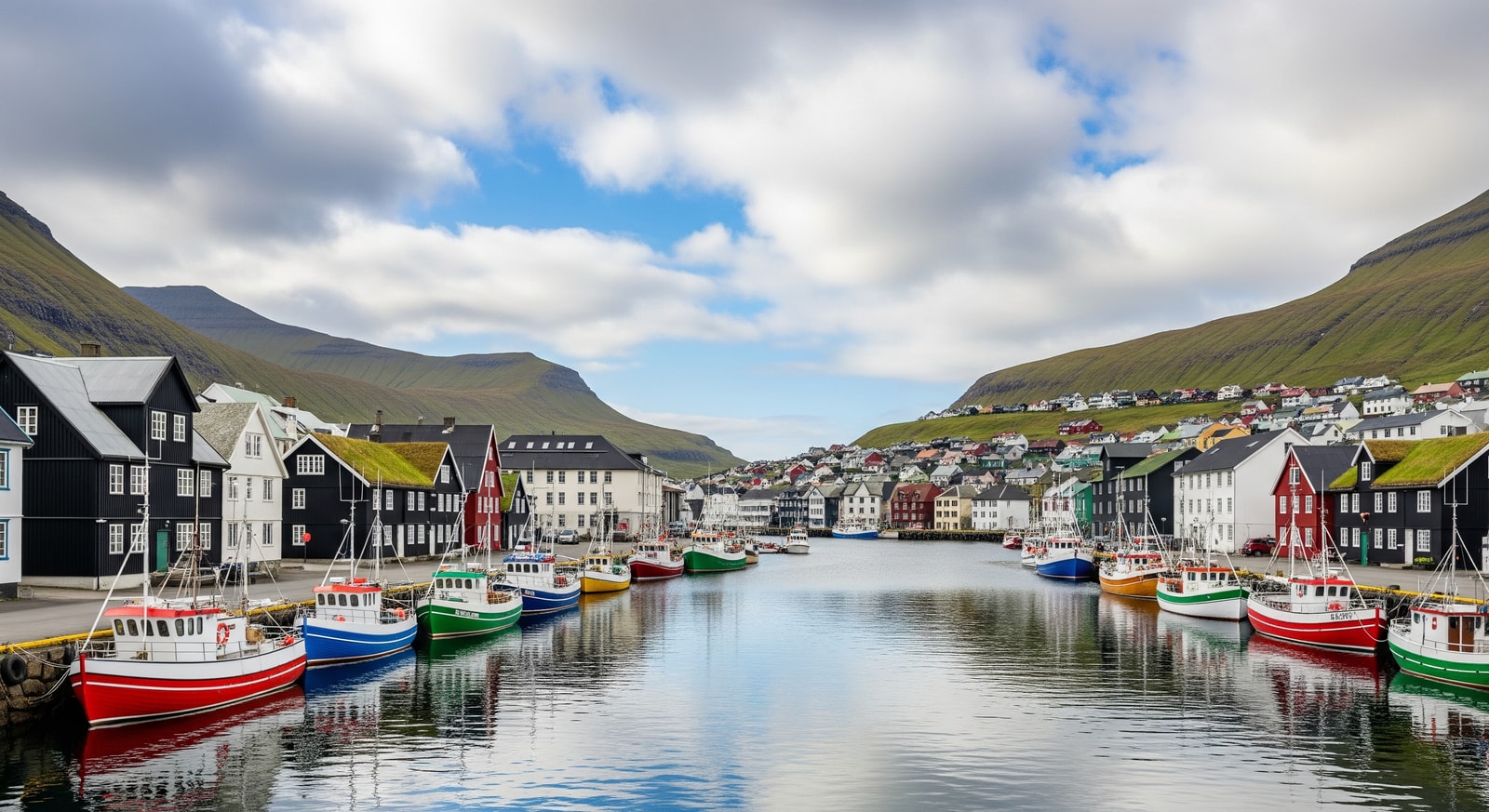 Colorful fishing boats moored in Torshavn harbour with traditional buildings along the waterfront