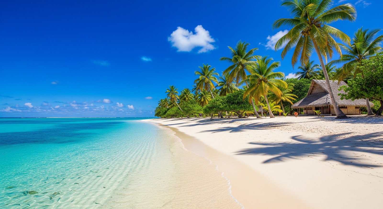 Pristine white sand beach on a Fiji island with crystal clear water, palm trees, and traditional Fijian bure in background