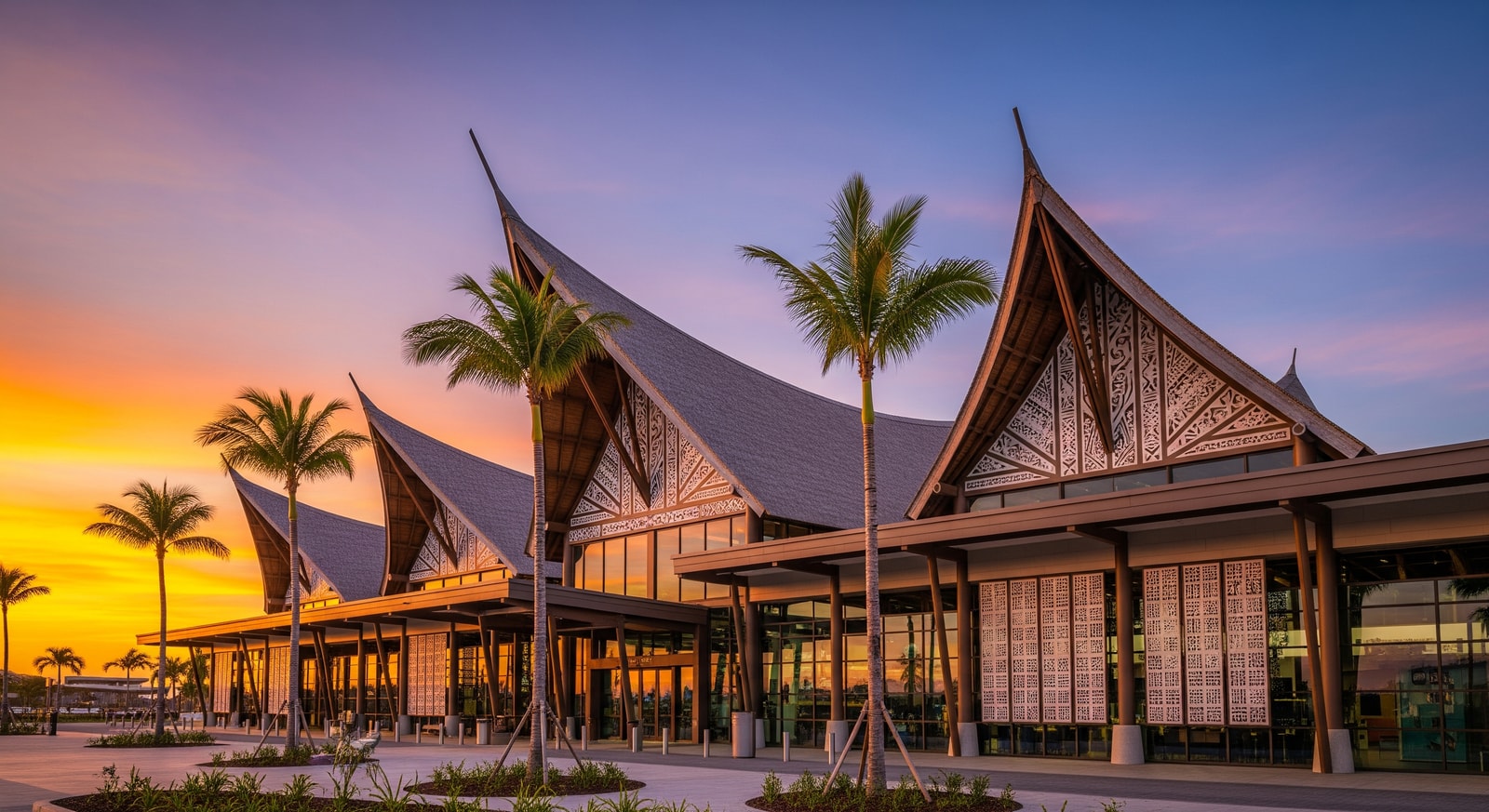 Modern Nadi International Airport terminal building with traditional Fijian design elements and palm trees
