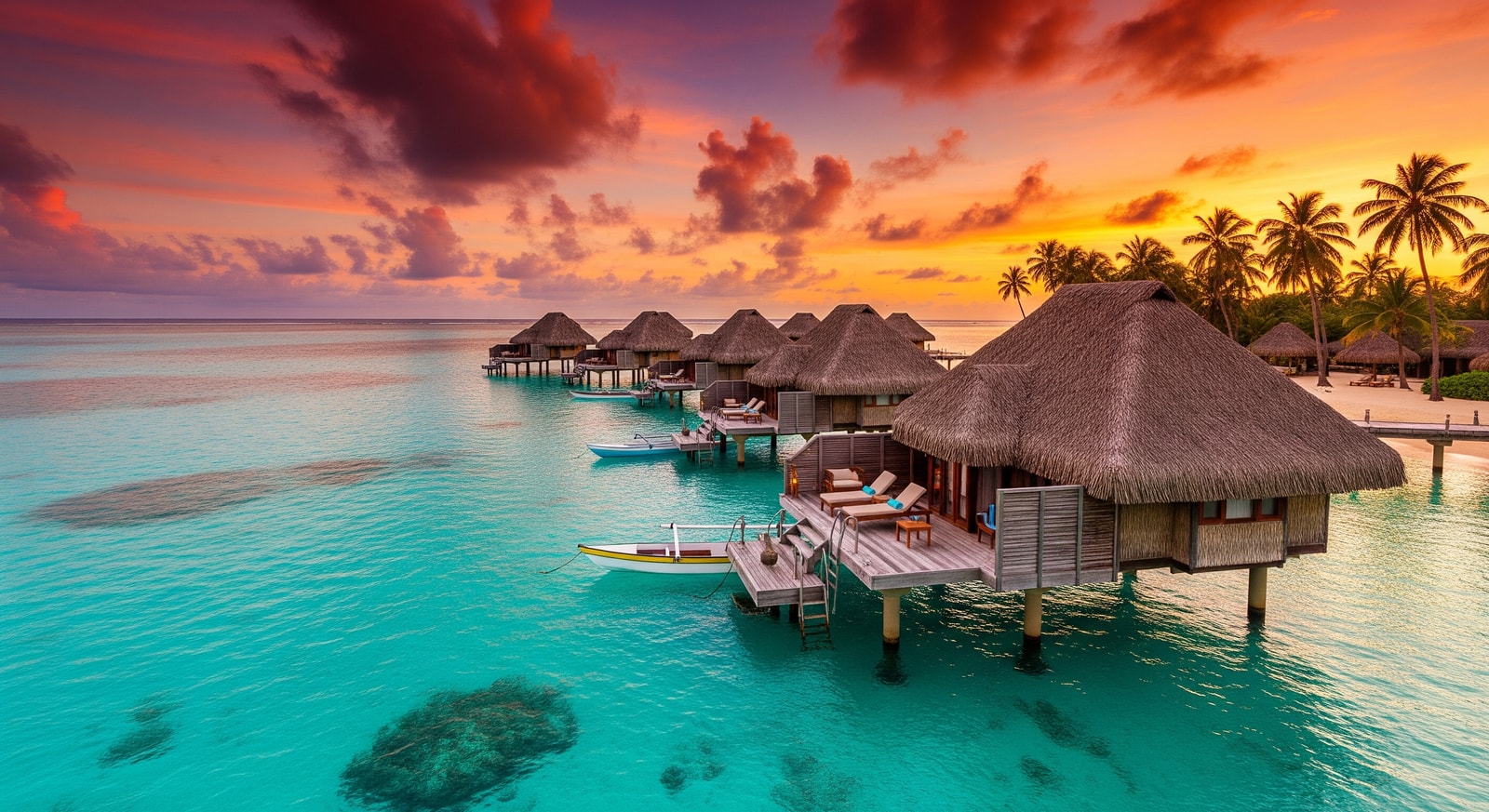 Luxury overwater bungalows at a Fiji resort with turquoise lagoon and tropical sunset sky