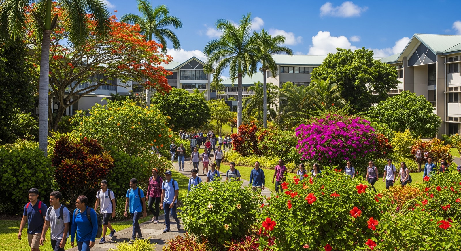 University of the South Pacific campus in Suva with students walking through tropical gardens