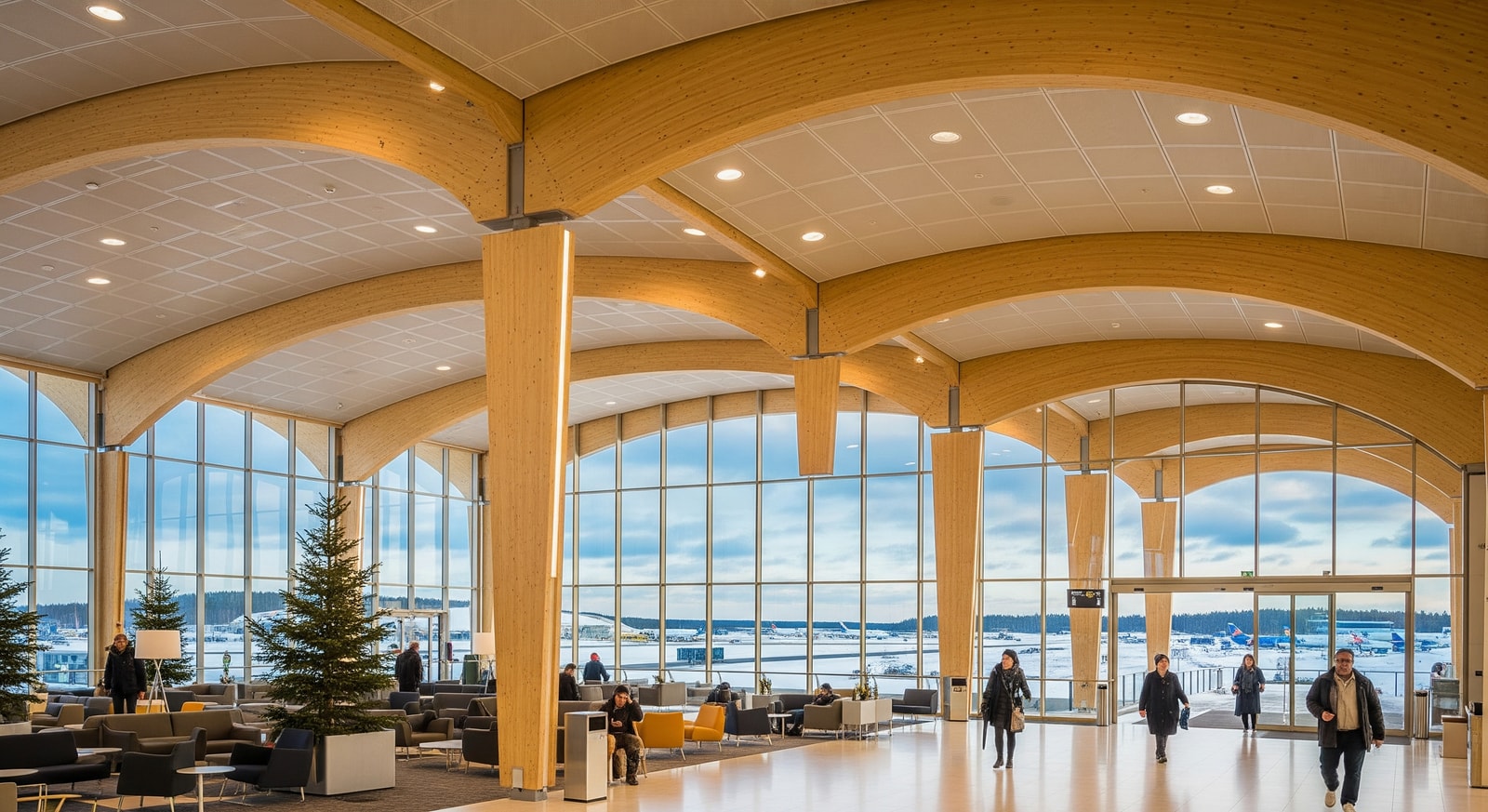 Modern Helsinki-Vantaa Airport terminal interior with distinctive Nordic wooden architecture