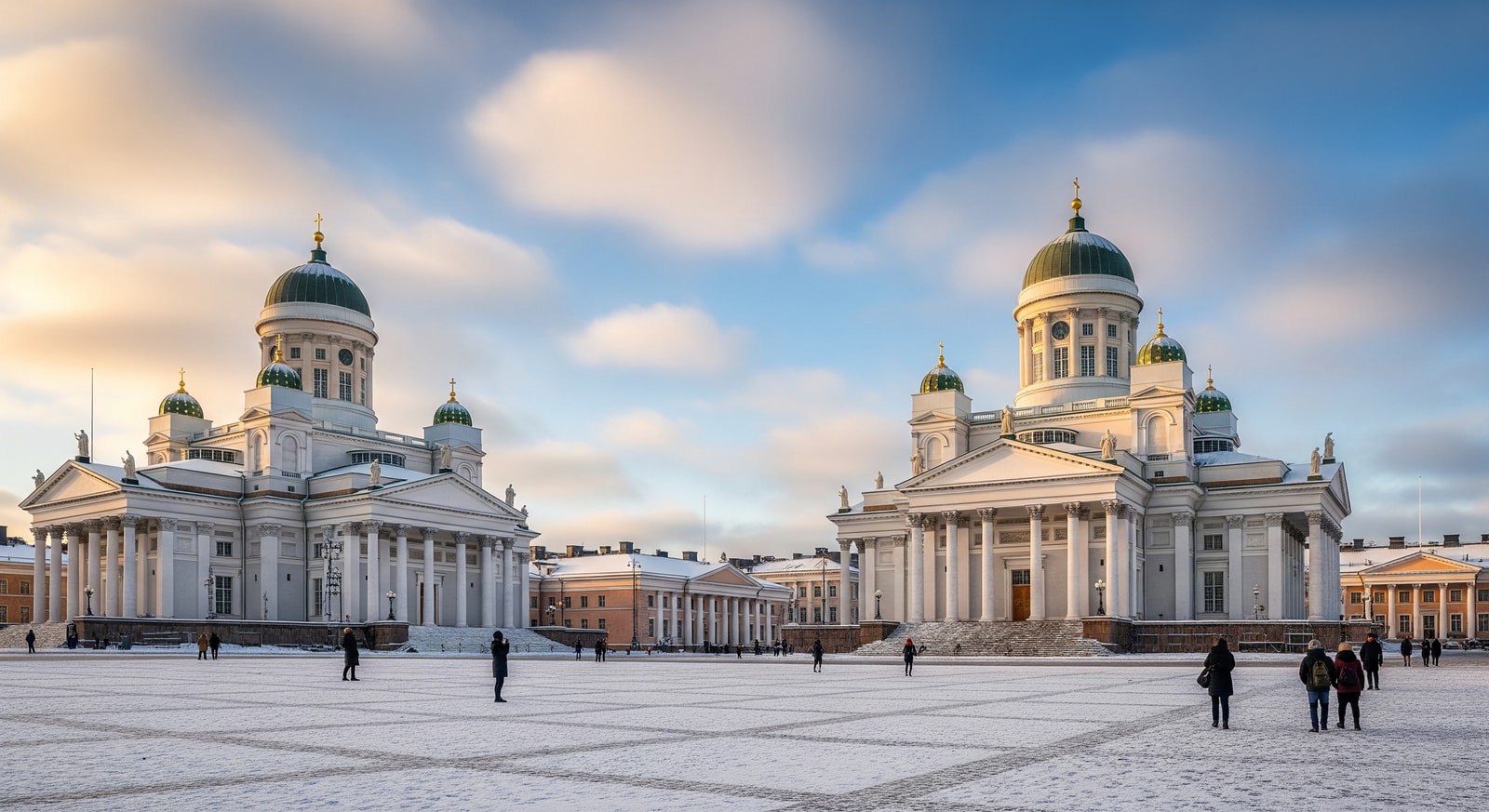 Helsinki Senate Square with white Lutheran Cathedral and snow-dusted neoclassical buildings