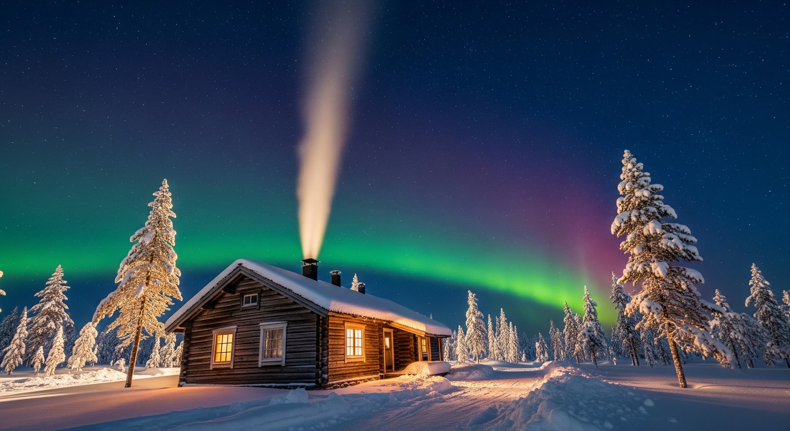 Traditional wooden cabin with smoke rising from chimney in snowy Finnish Lapland under starlit sky