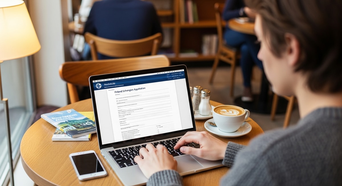 Traveler completing Finland Schengen visa application on laptop in cozy Helsinki cafe