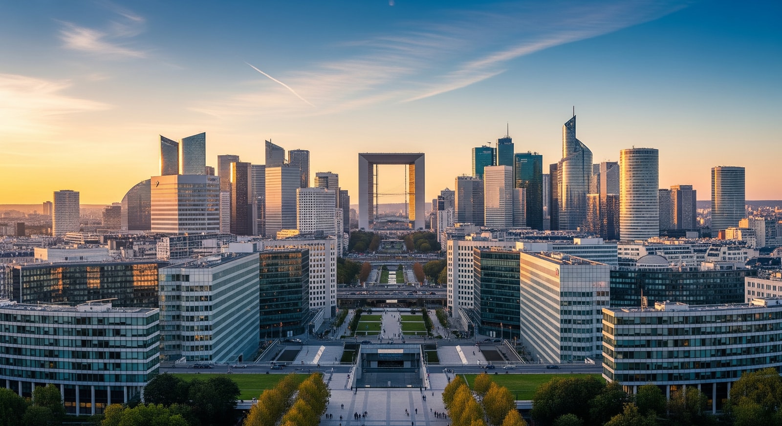 Modern La Défense business district in Paris with Grande Arche and contemporary skyscrapers