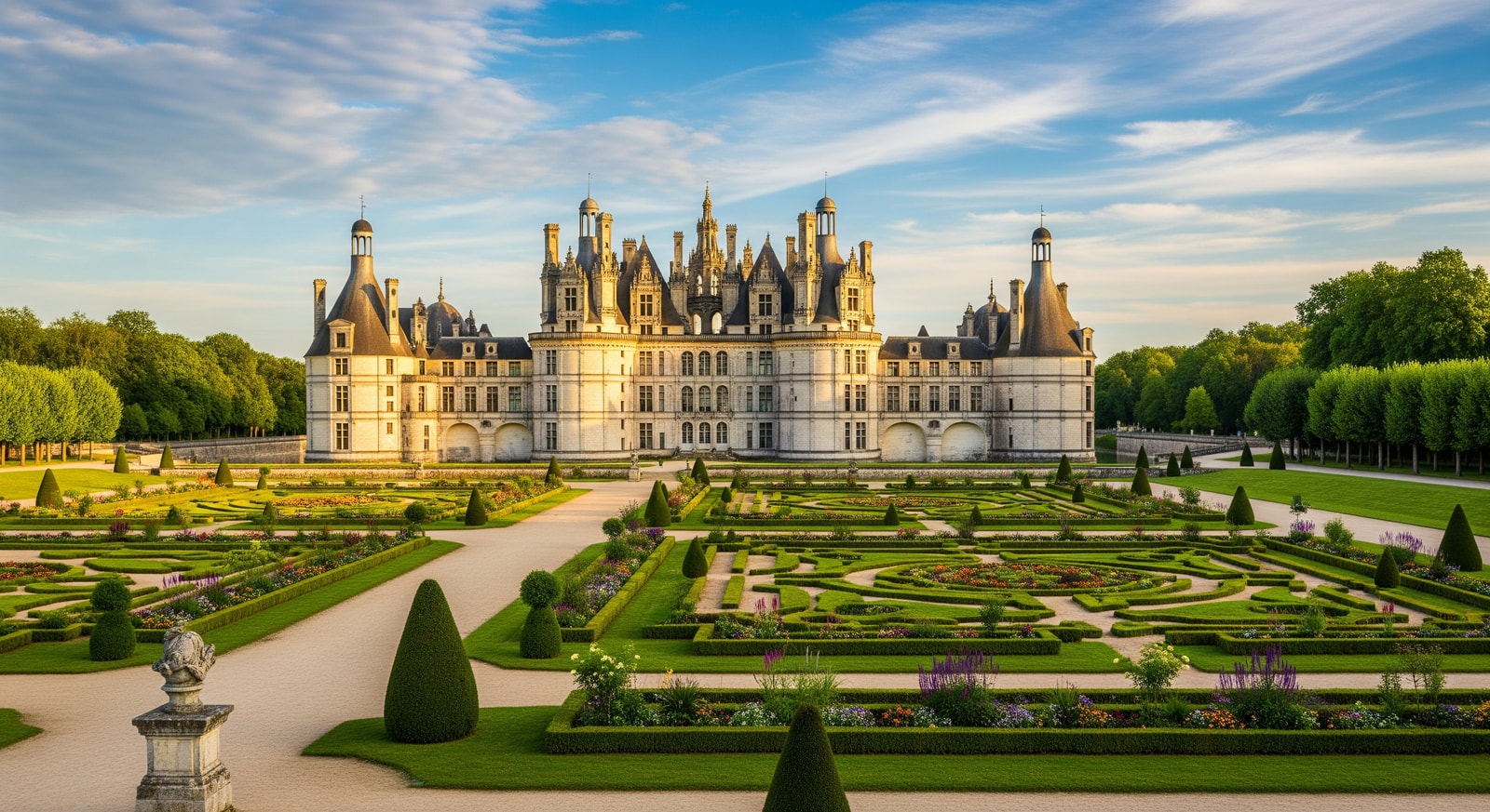 Magnificent Château de Chambord in the Loire Valley with Renaissance architecture and formal French gardens