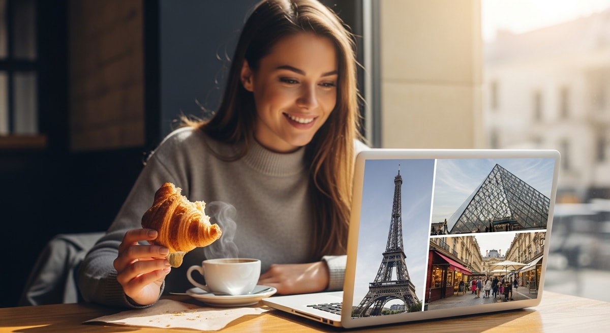 Traveler planning France trip with laptop showing Parisian landmarks while enjoying a croissant