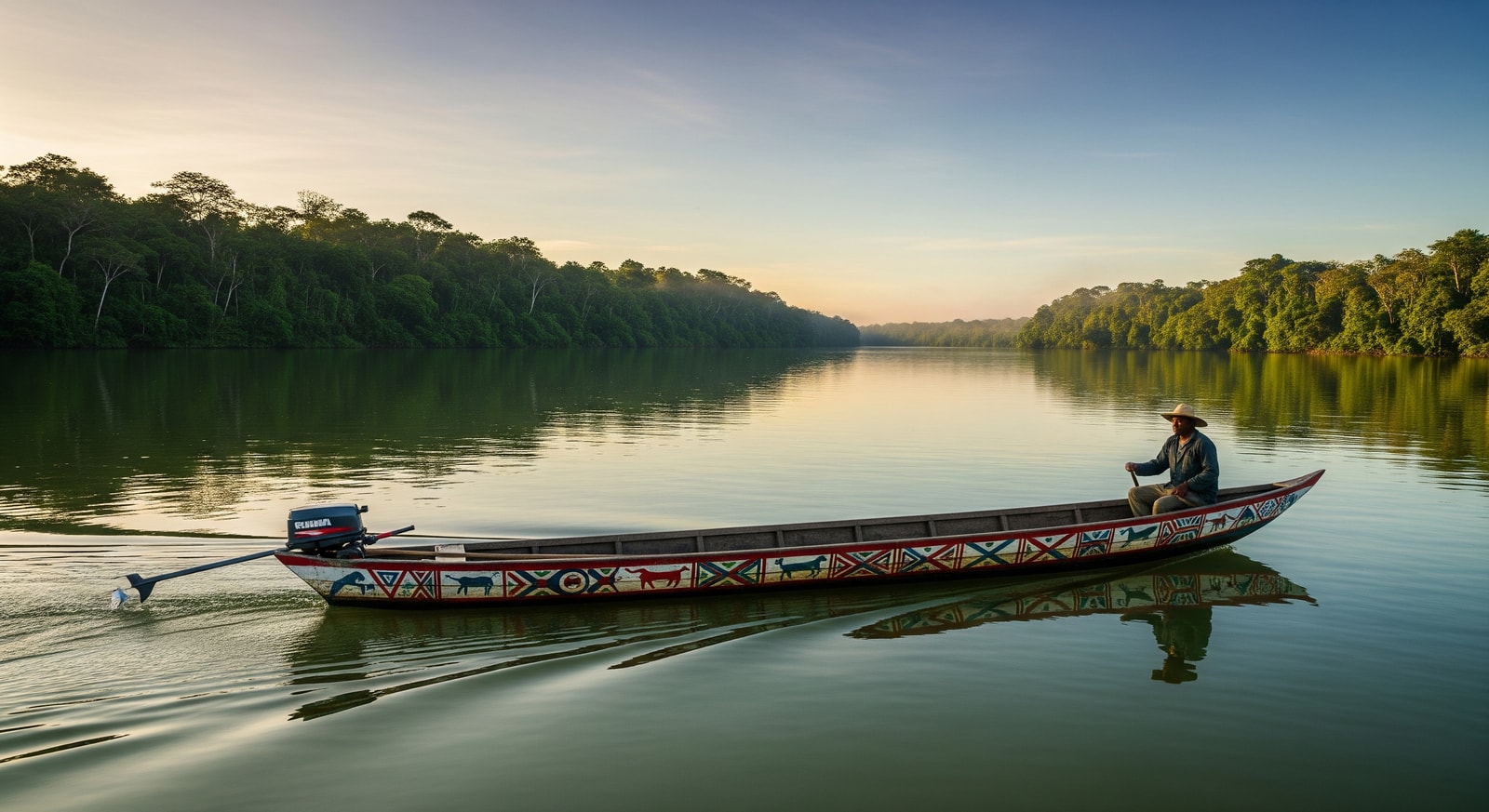Traditional pirogue boat navigating the Maroni River between French Guiana and Suriname