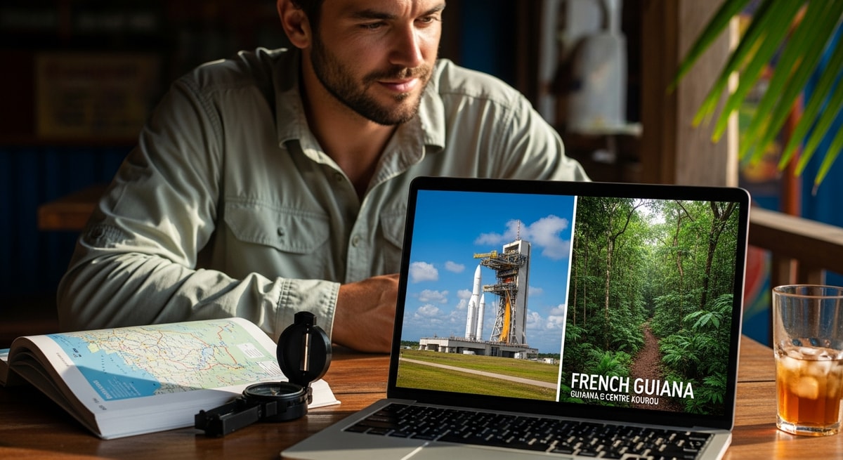 Traveler planning French Guiana adventure with laptop showing Kourou space centre and rainforest expeditions