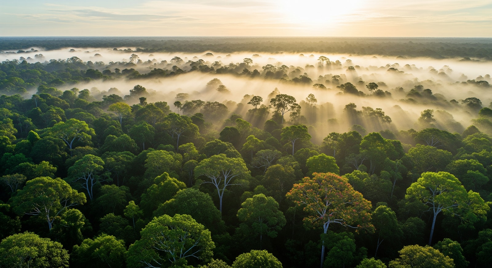Dense Amazonian rainforest canopy in French Guiana with morning mist rising from the trees