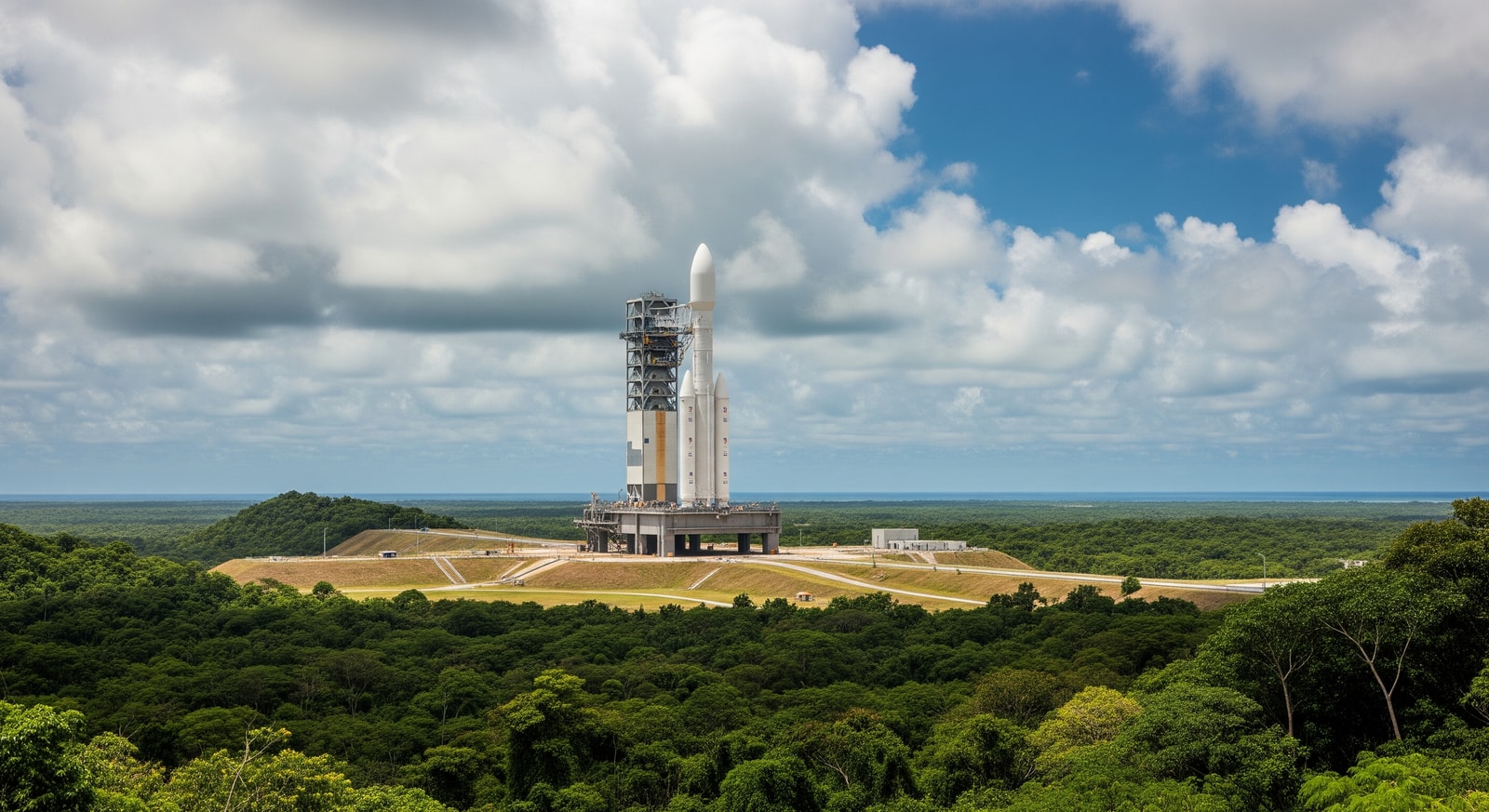 Ariane 5 rocket on the launch pad at Centre Spatial Guyanais in Kourou, French Guiana