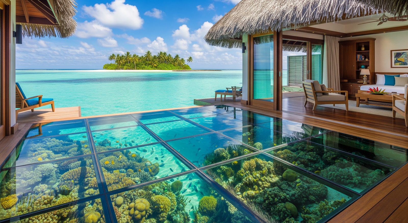 Luxurious overwater bungalow with glass floor panel overlooking tropical fish in crystal clear lagoon