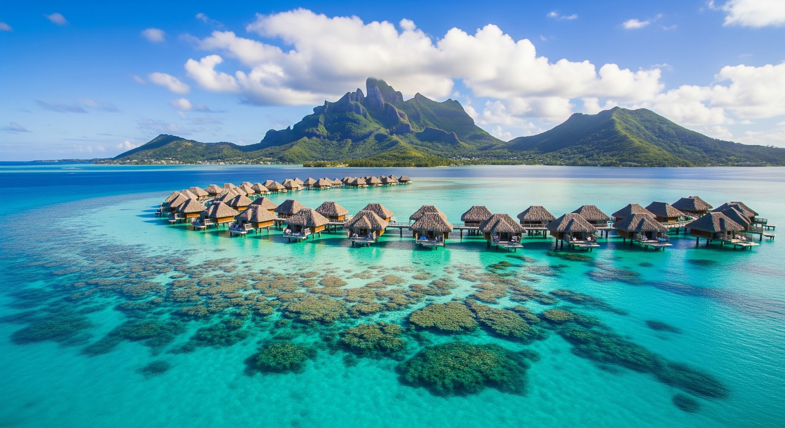 Crystal clear turquoise lagoon with overwater bungalows extending over coral reef at Moorea, French Polynesia