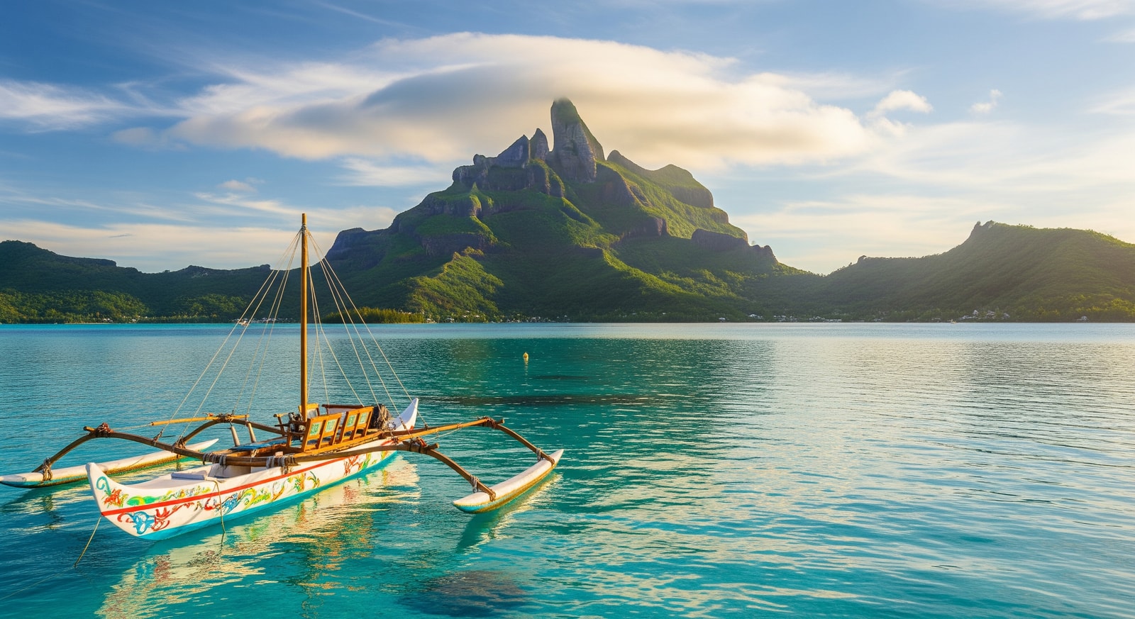 Majestic Mount Otemanu rising from emerald waters with traditional Polynesian outrigger canoe in foreground at Bora Bora