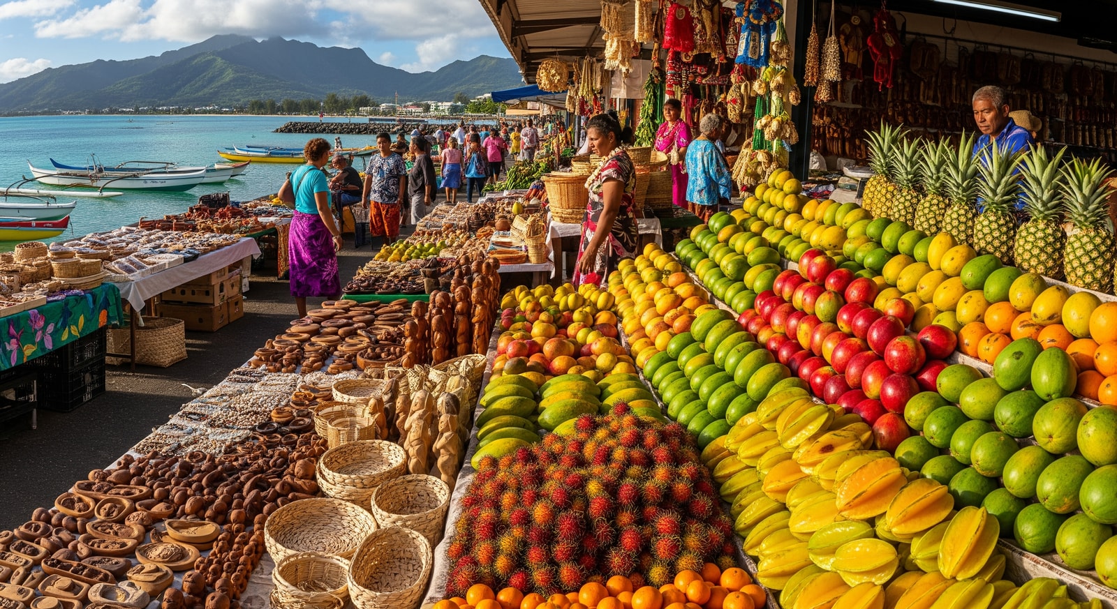 Colorful Papeete waterfront market with traditional Polynesian crafts and fresh tropical fruits in Tahiti