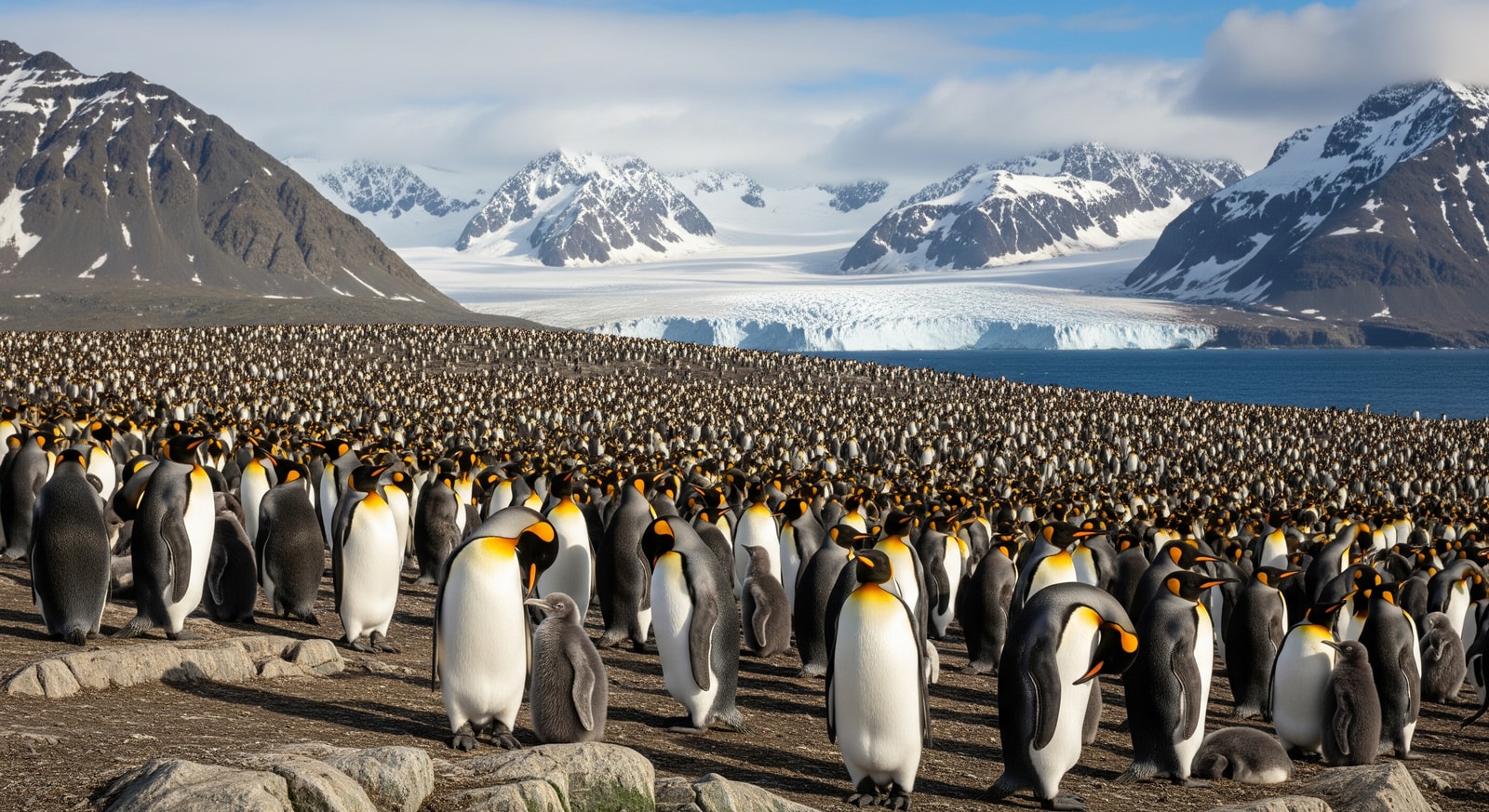 Large colony of king penguins on Kerguelen Islands with glacial mountains in background
