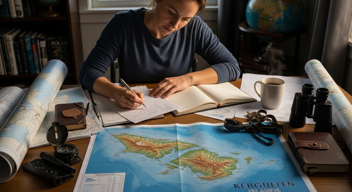 Researcher preparing expedition documents with maps of Kerguelen Islands