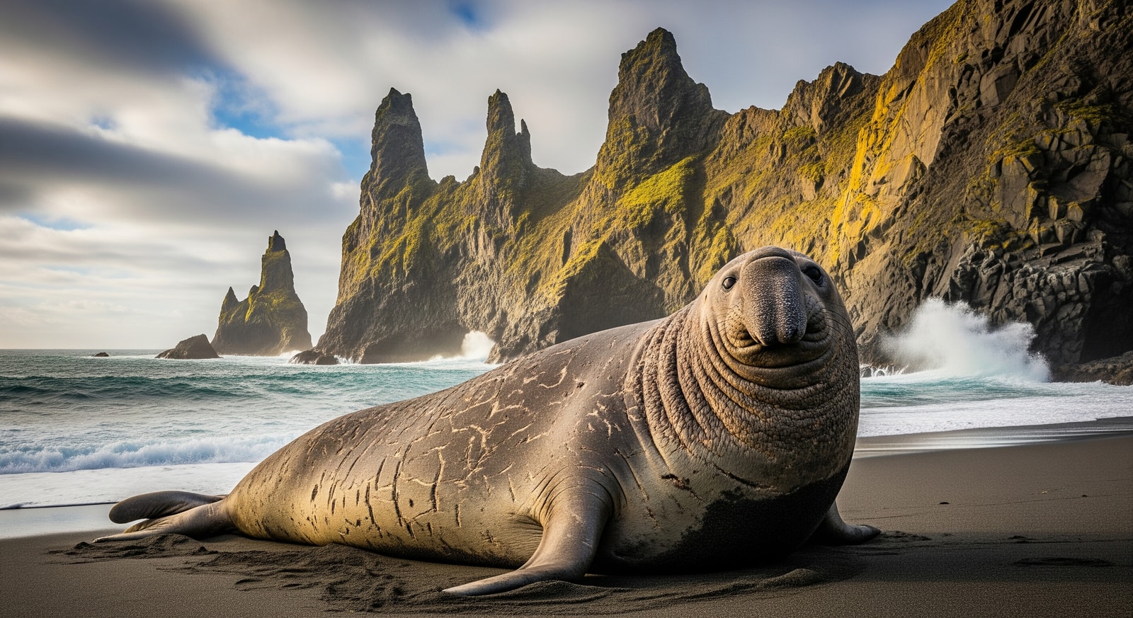 Southern elephant seal resting on beach in Crozet Islands with dramatic coastal cliffs