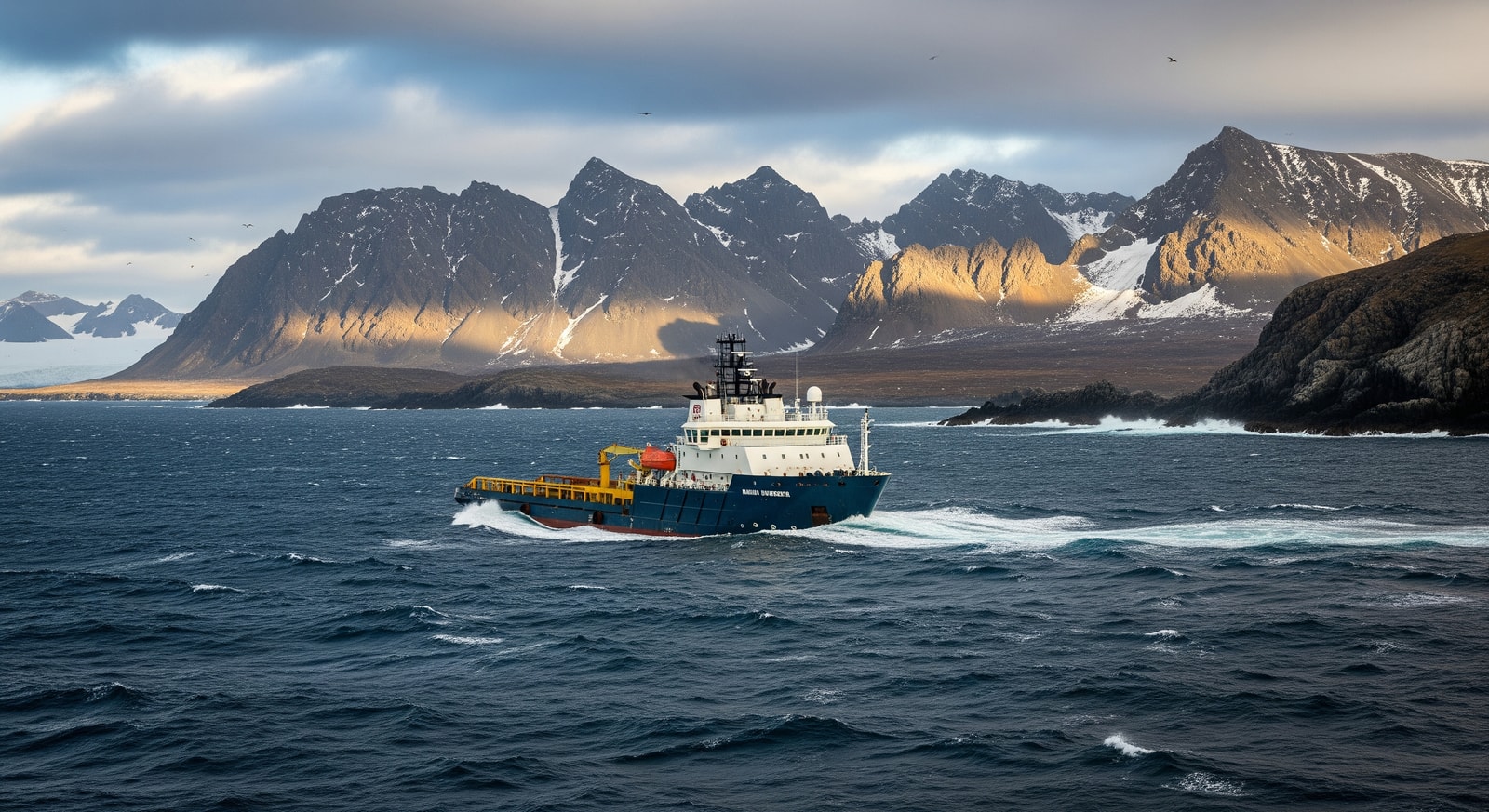 Marion Dufresne supply vessel navigating through sub-Antarctic waters near Kerguelen