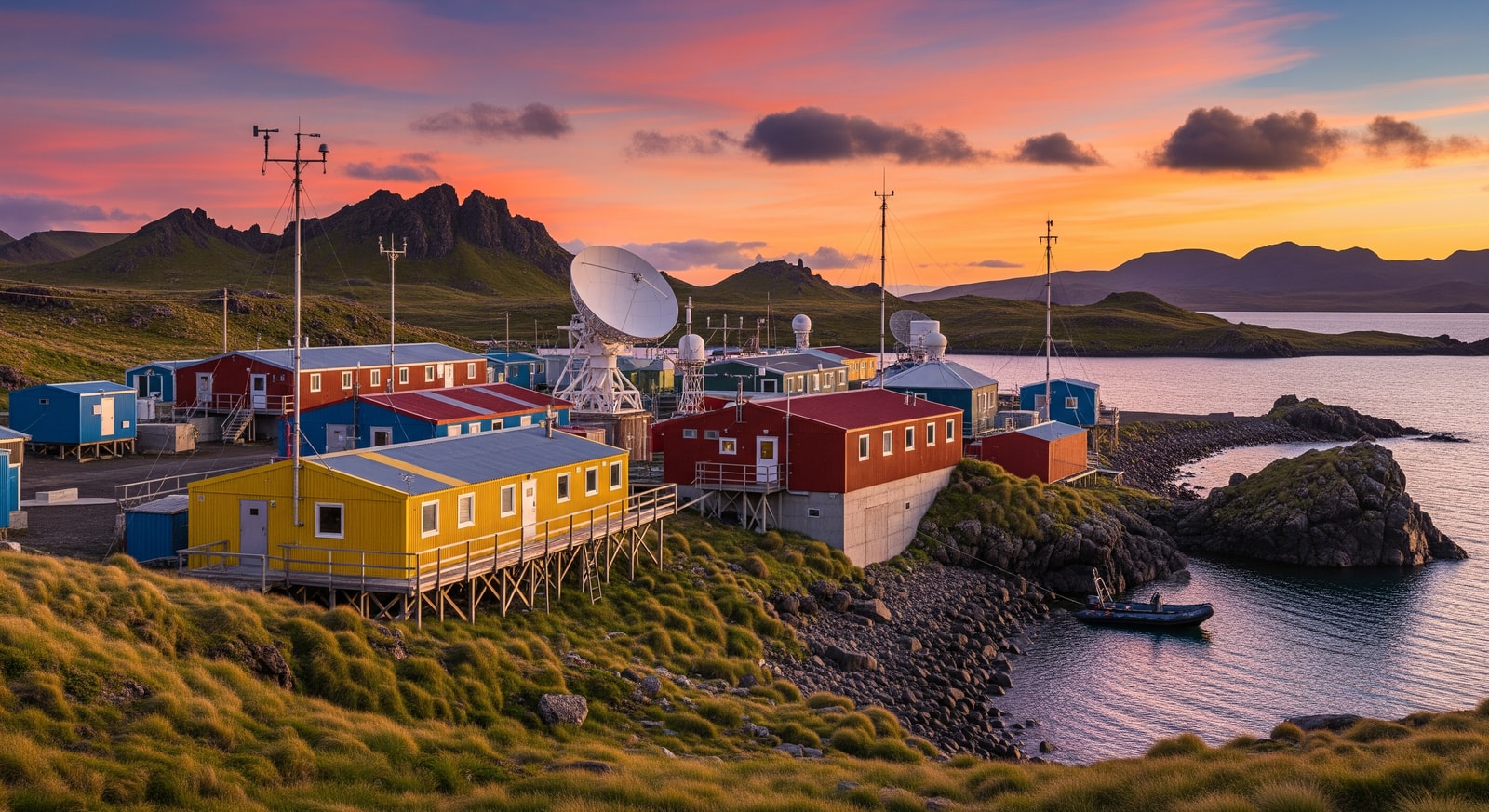 Port-aux-Français research station on Kerguelen with buildings and scientific equipment
