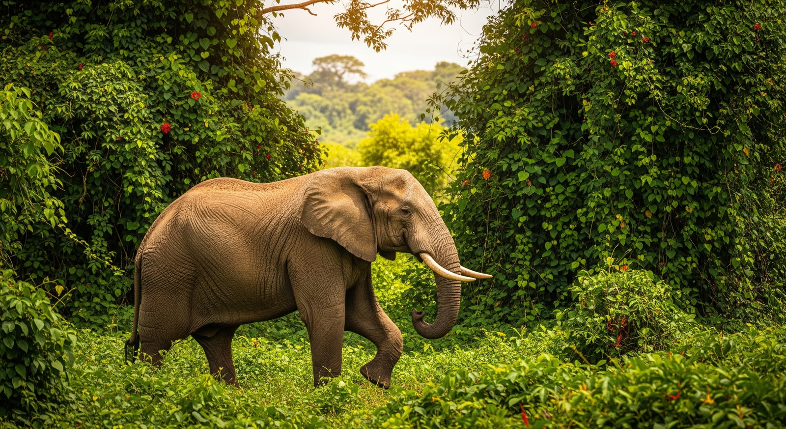 Forest elephant emerging from dense vegetation in Loango National Park