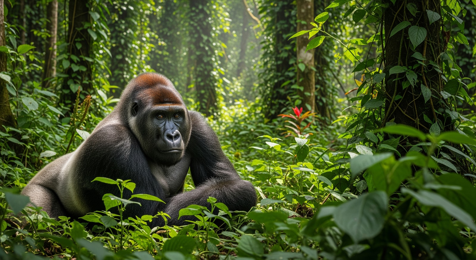 Western lowland gorilla in the dense rainforest of Lope National Park, Gabon