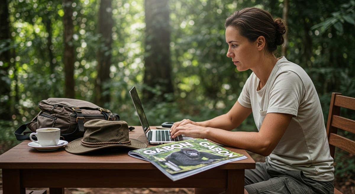 Traveler using laptop to apply for Gabon visa while planning rainforest expedition