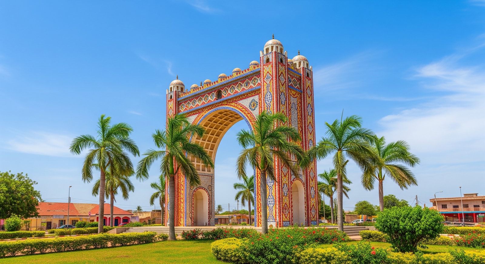 Colorful Arch 22 monument in Banjul with traditional architecture and palm trees