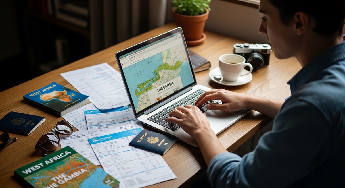 Traveler planning a trip to The Gambia using laptop surrounded by travel documents
