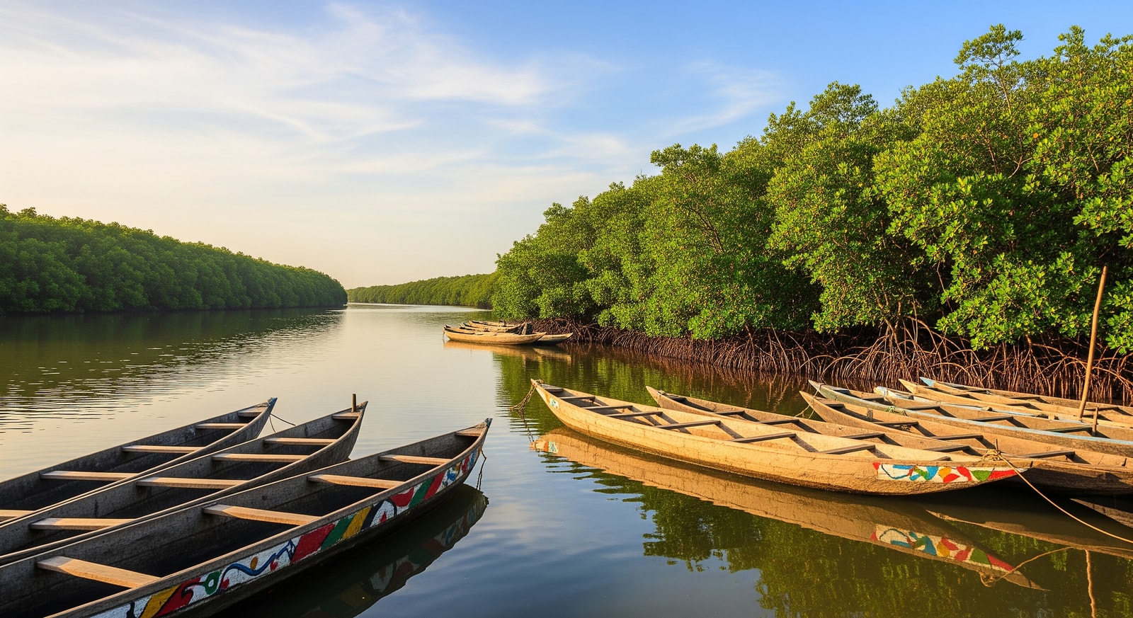 Traditional wooden boats on the tranquil River Gambia with lush green mangroves