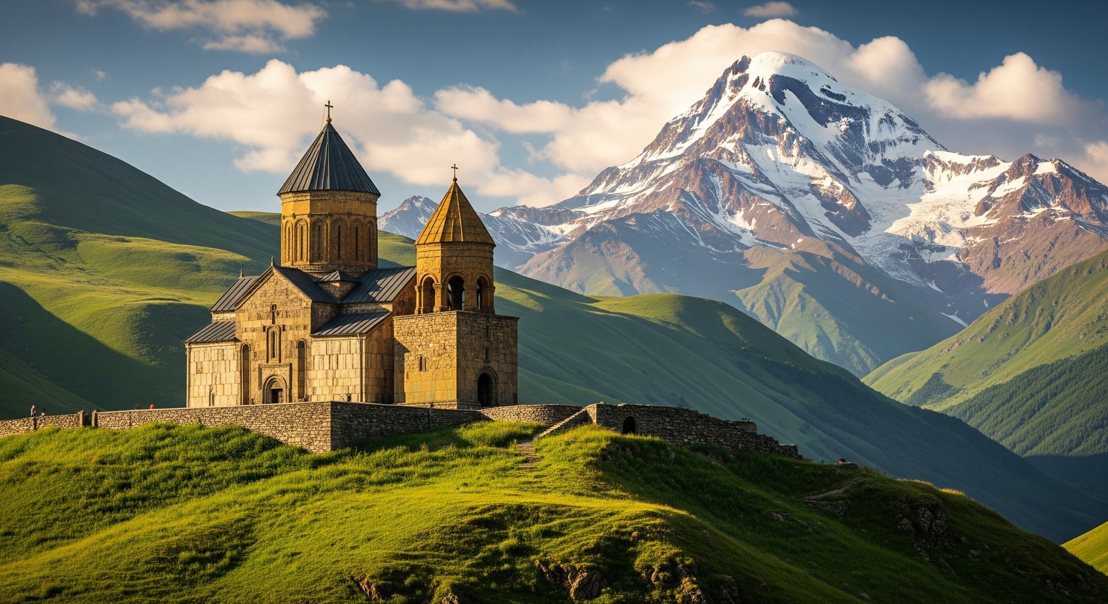 Gergeti Trinity Church perched on a mountain with the snow-capped peak of Mount Kazbek in the background
