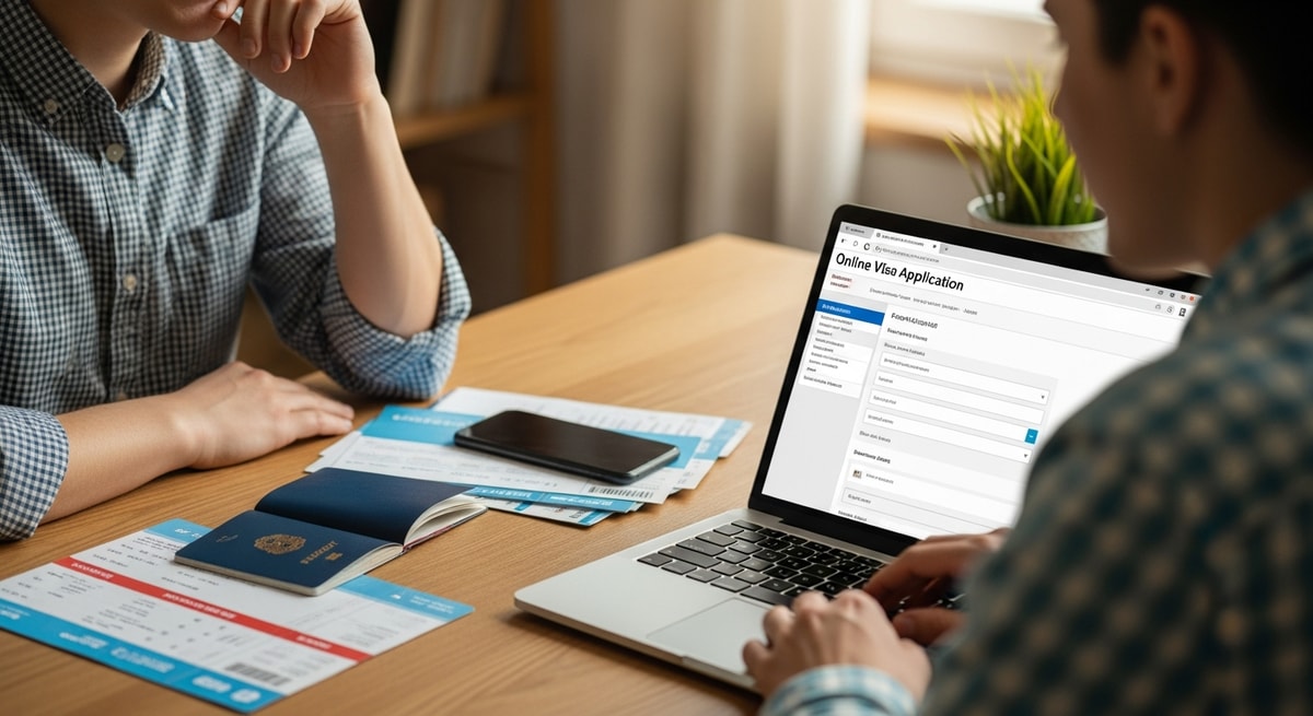 Traveler completing Georgia visa application online with passport and travel documents nearby