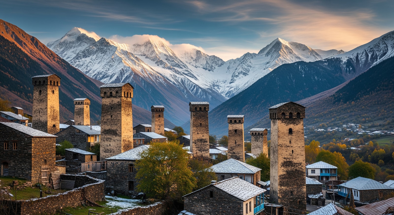 Ancient Svan towers of Mestia village with snow-capped Caucasus mountains in the background