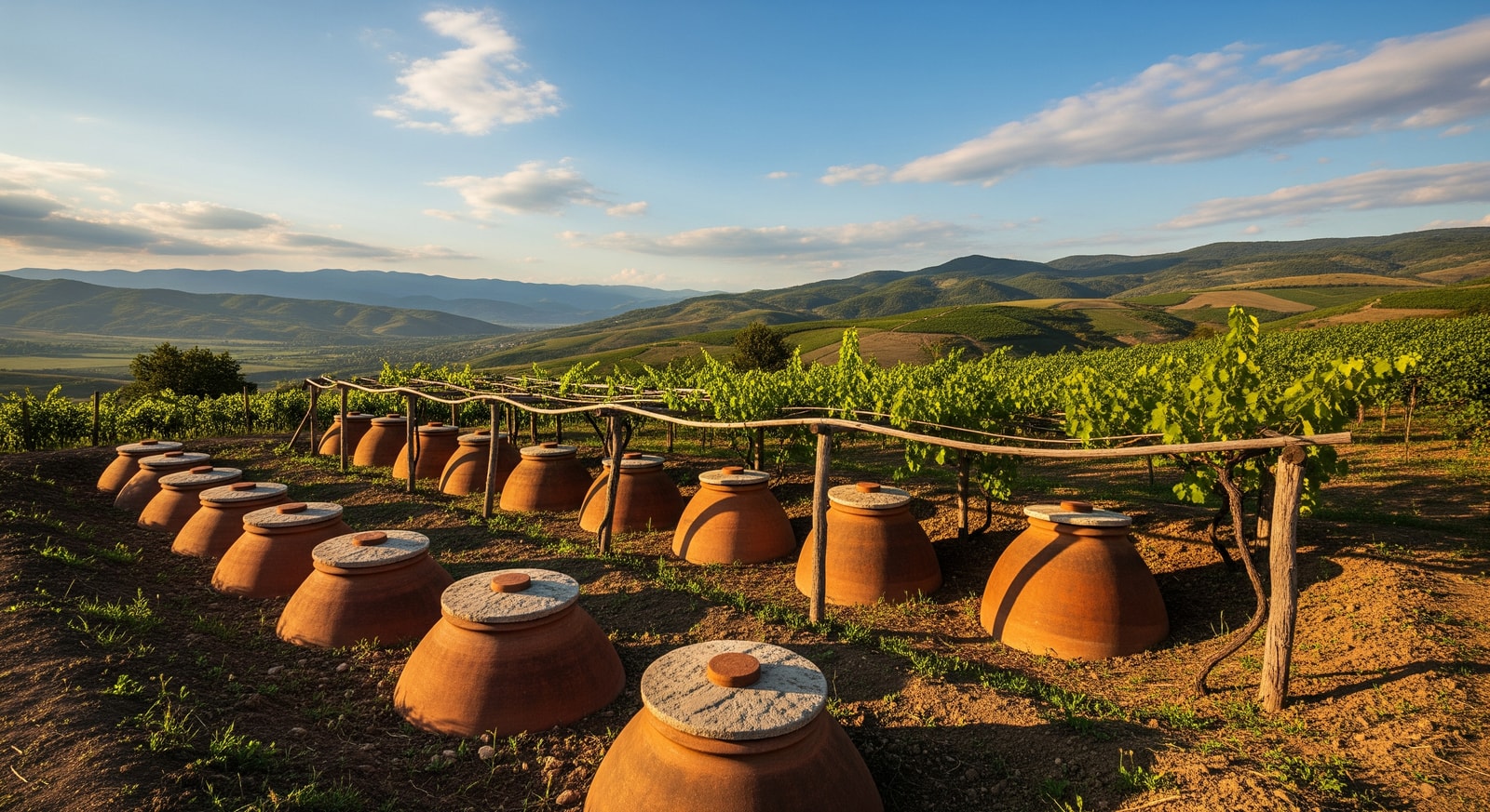 Traditional Georgian qvevri clay wine vessels buried in the ground at a family winery in Kakheti