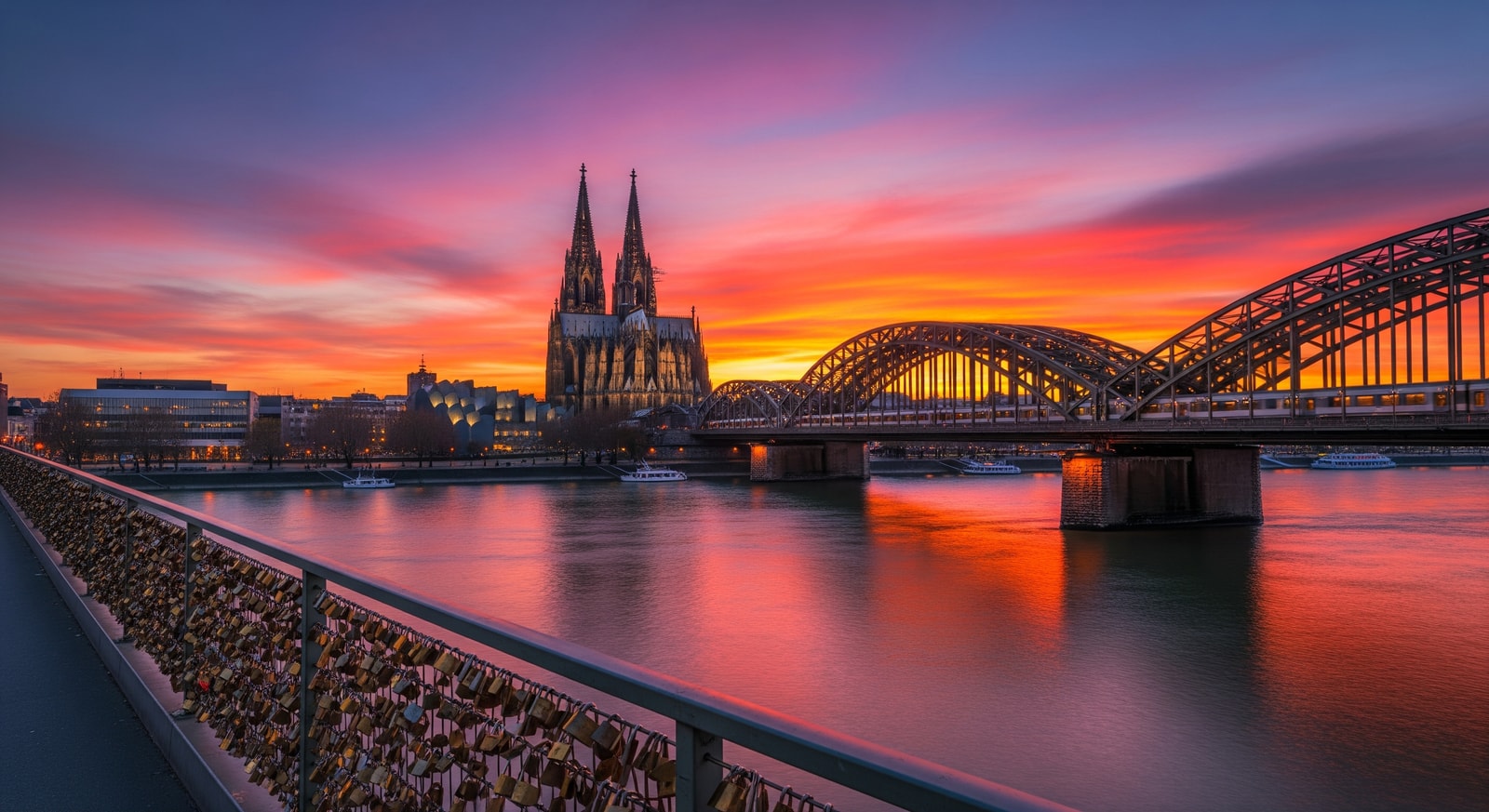 Cologne Cathedral twin spires rising above the Rhine River at sunset with Hohenzollern Bridge