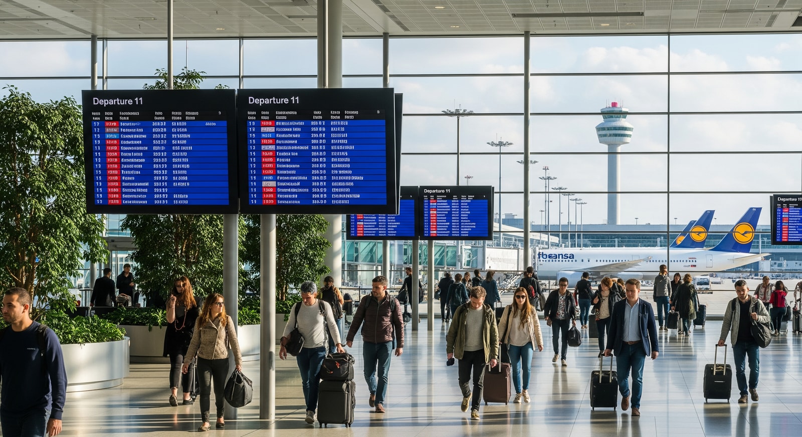 Modern Frankfurt Airport terminal interior with travelers and departure boards