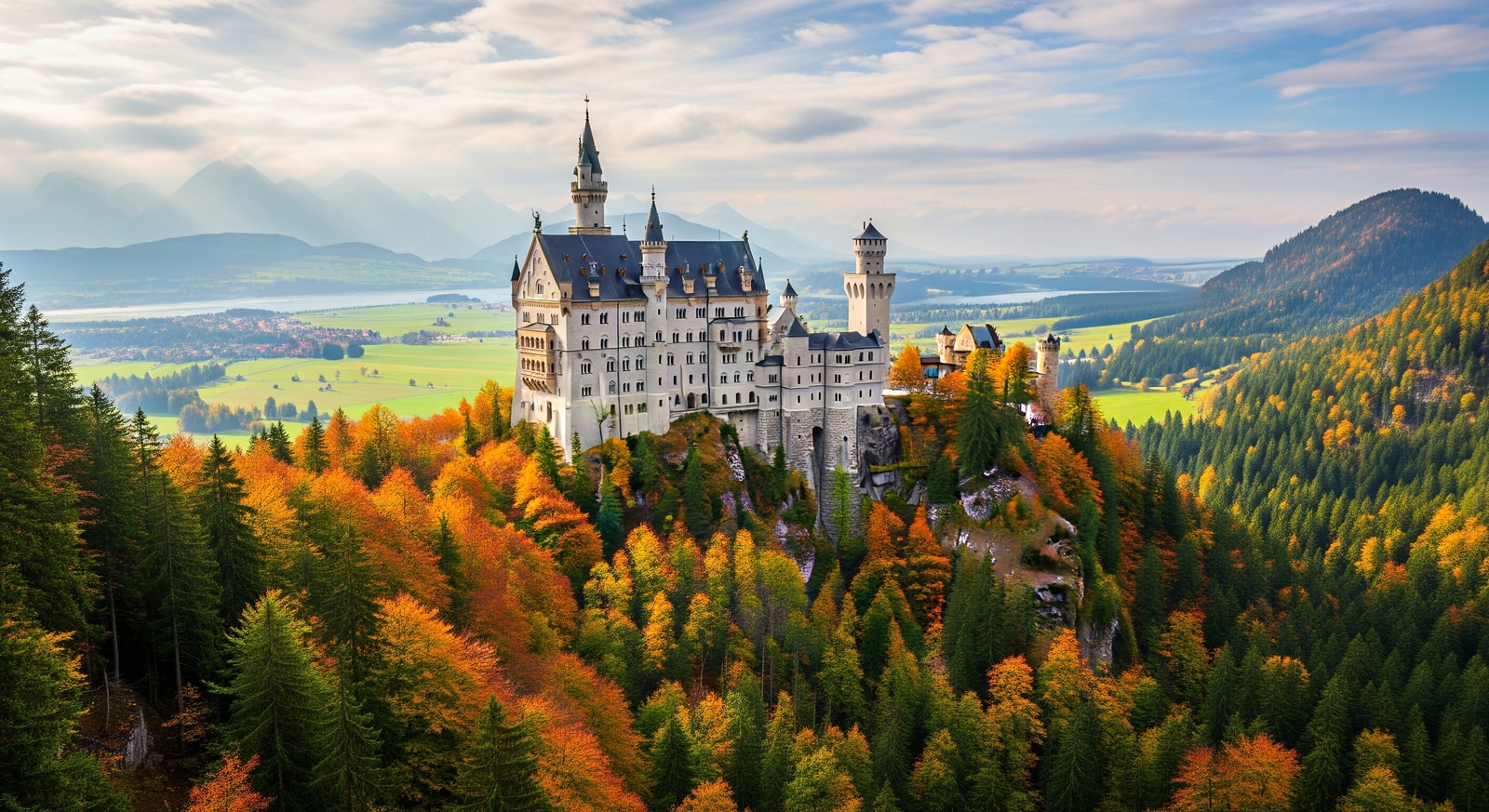 Neuschwanstein Castle perched on a hill in Bavaria surrounded by autumn forest colors