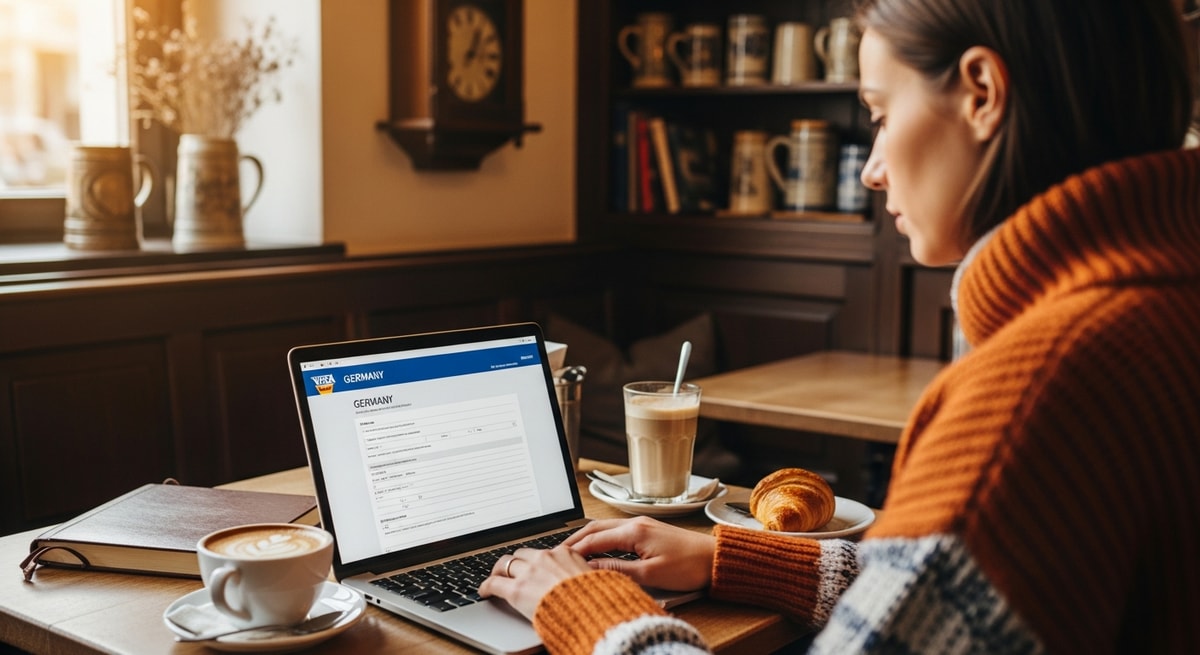 Traveler completing Germany visa application on laptop at a cozy German cafe