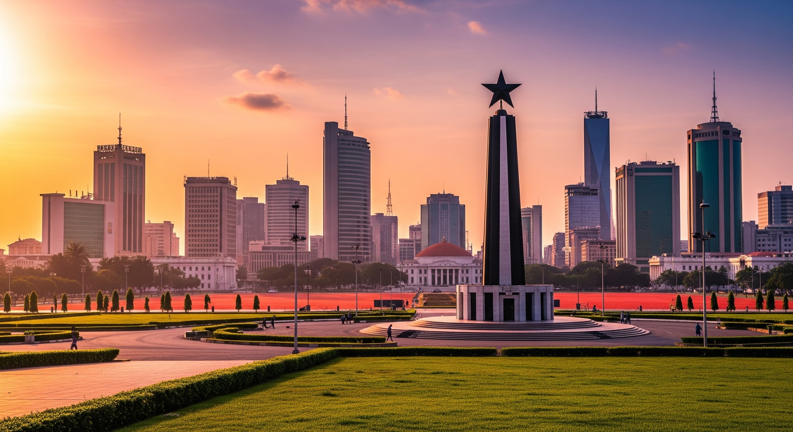 Modern Accra skyline with Independence Square and the Black Star Gate monument
