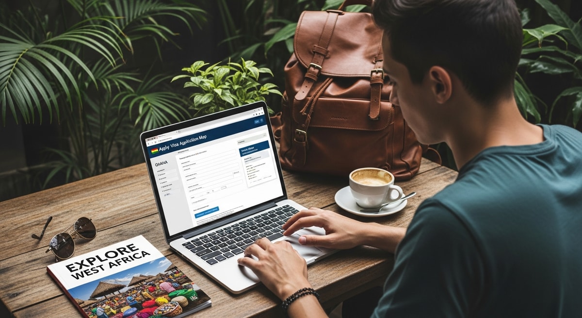 Traveler using laptop to apply for Ghana visa while planning their West African adventure